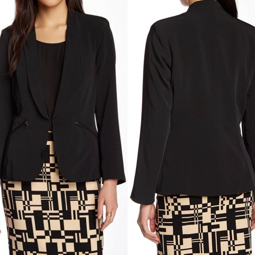 Daniel Rainn Black Blazer W/ Zipper Pockets & Leopard Print Lining Sz S